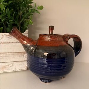 Signed Studio Pottery Teapot by Louise,Hand Thrown, Drip Glaze. Cabin Life Vtg.